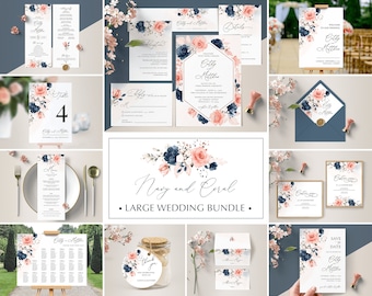 Navy Blue and Coral Wedding Invitation Template Suite (Digital Download)
