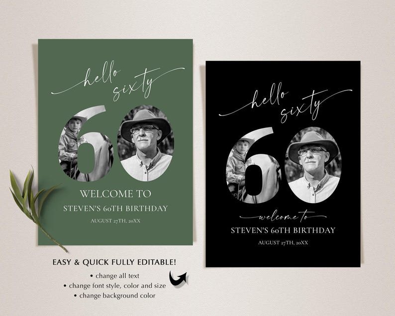 60th Birthday Photo Welcome Sign Template, Hello Sixty • INSTANT ...