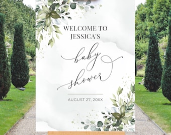 May include: Welcome to Jessica's baby shower sign with a watercolor green floral design and the date August 27, 20XX.