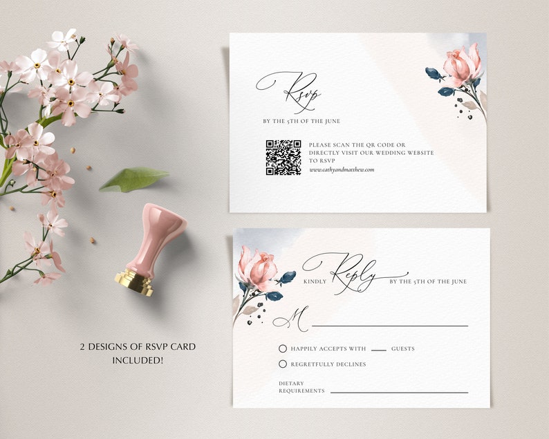 May include: Two designs of RSVP cards with a watercolor floral motif. The cards are white with a light blue and pink watercolor background. The text on the cards reads "Reply by the 5th of June".