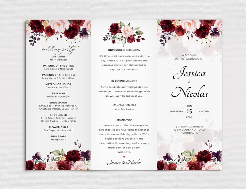 Trifold Wedding Program Template With Burgundy Roses Marsala Etsy