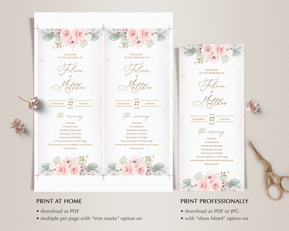 Wedding Program Template With Pink Roses • INSTANT DOWNLOAD • Editable ...