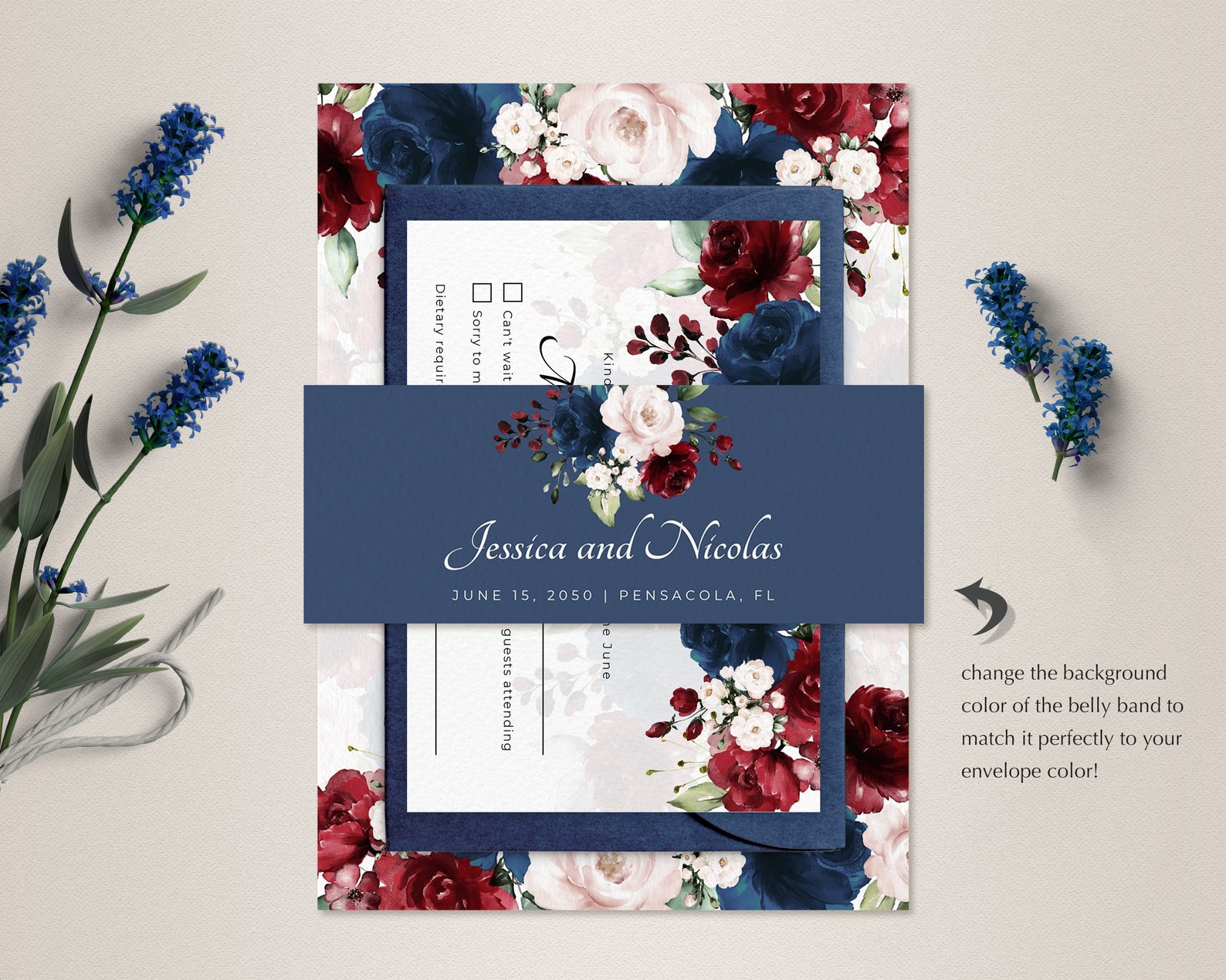 Burgundy and Navy Blue Wedding Invitation Template Suite - Etsy