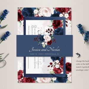 Burgundy and Navy Blue Wedding Invitation Template Suite, Wedding ...