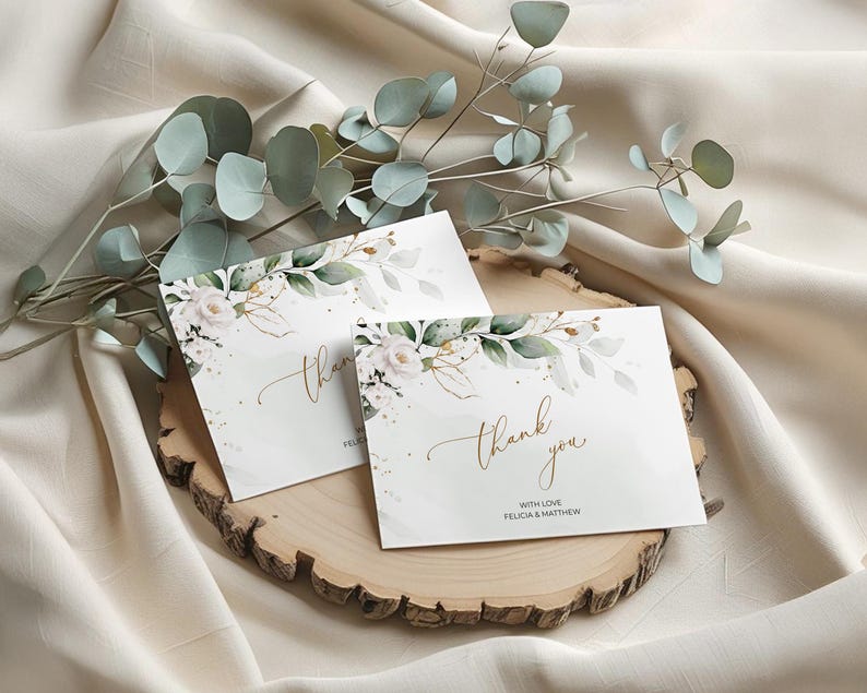 Greenery and White Roses Wedding Thank You Card Template (Digital Download), A109 image 1