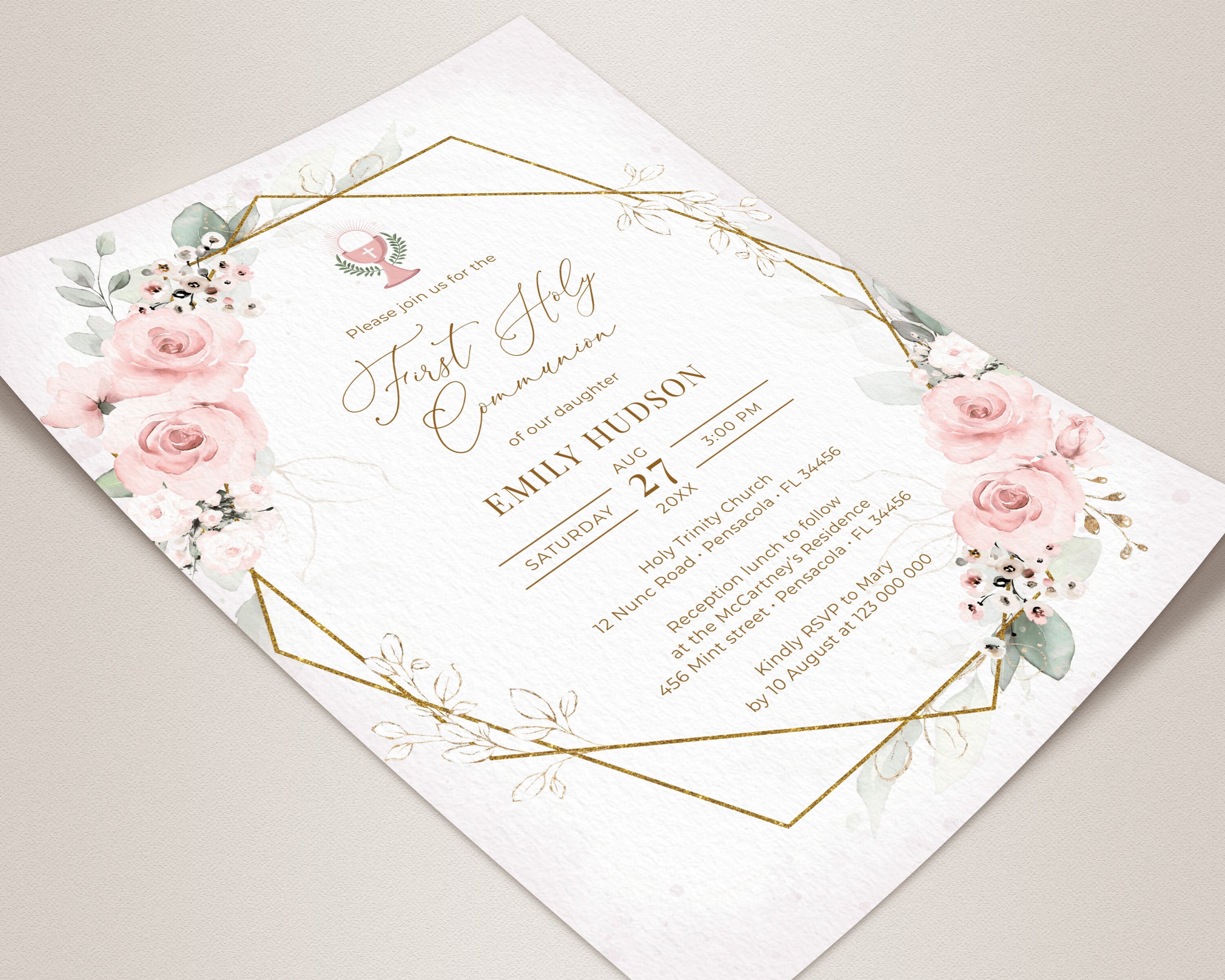Light Pink First Holy Communion Invitation Template • INSTANT DOWNLOAD ...