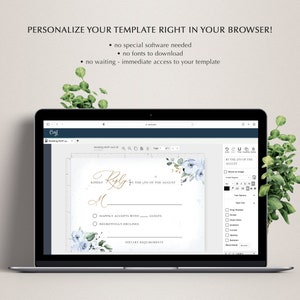 May include: A laptop screen displaying a wedding RSVP card template with a blue floral design. The template is being edited in a web-based editor with options to customize the text, font, and colors. The text on the card reads "Kindly Reply by the 17th of August".