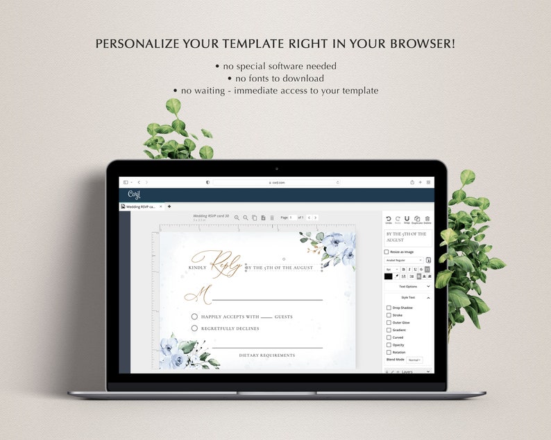 May include: A laptop screen displaying a wedding RSVP card template with a blue floral design. The template is being edited in a web-based editor with options to customize the text, font, and colors. The text on the card reads "Kindly Reply by the 17th of August".