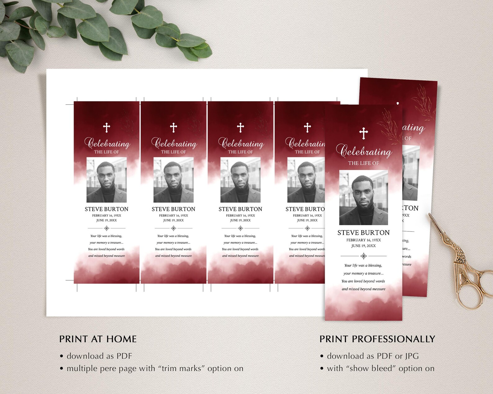 Red Funeral Bookmark Template: Memorial Remembrance Keepsake (editable ...