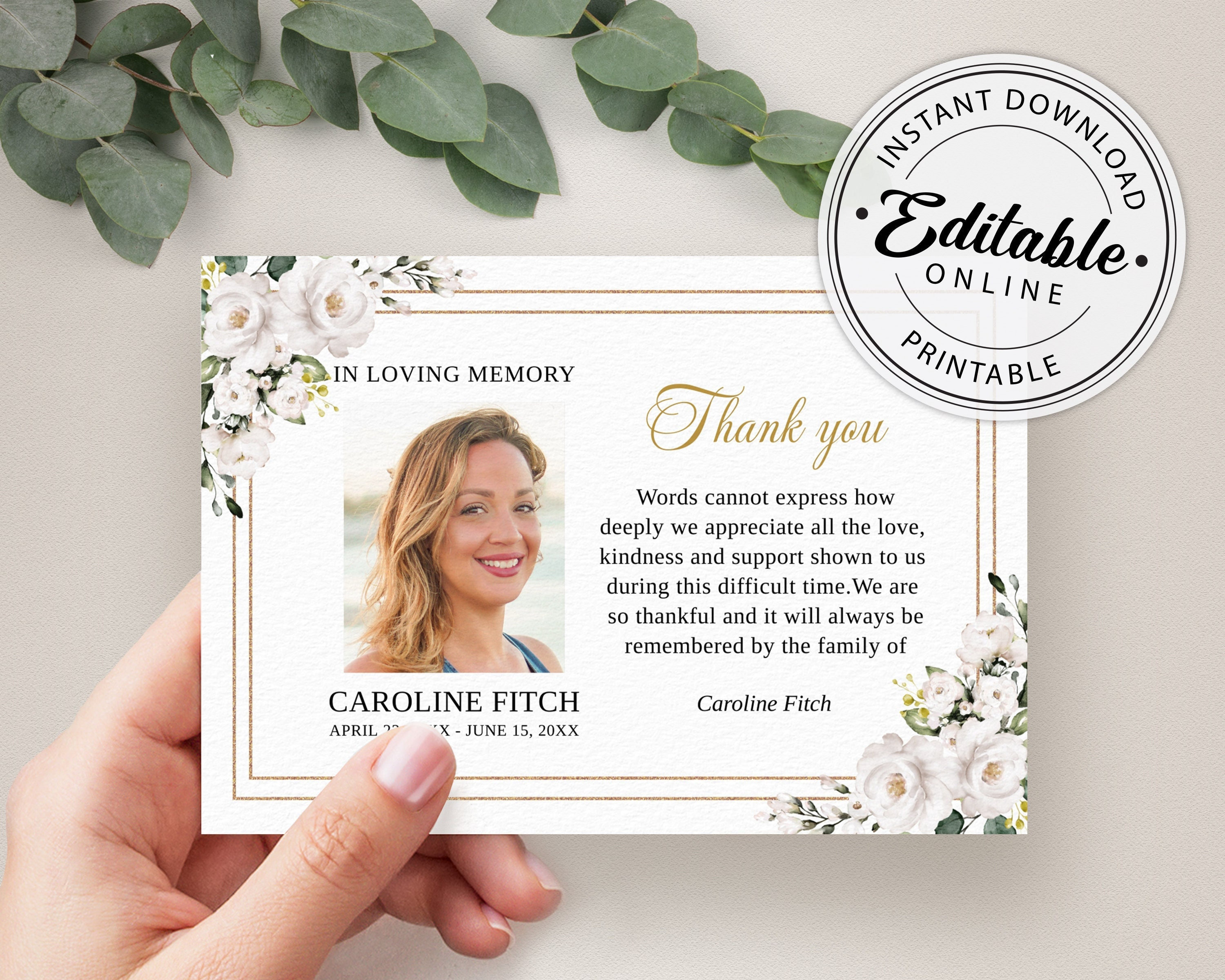 White Roses Funeral Thank You Card Template (printable, Editable ...