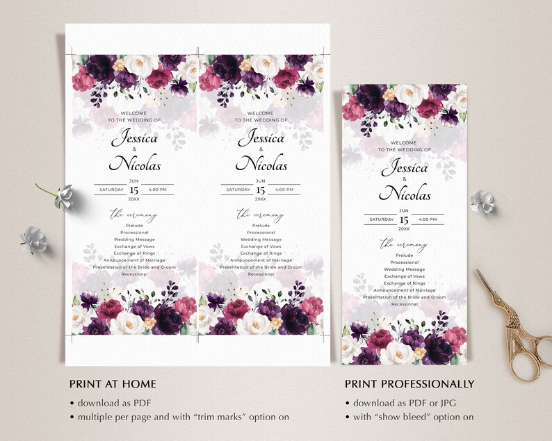 Purple, Fuchsia and White Roses Wedding Program Template (instant ...