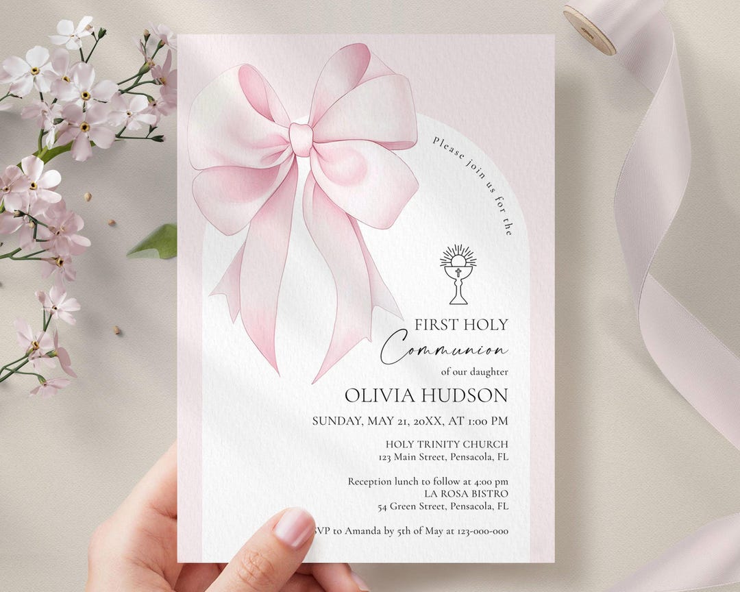 Pink Bow First Holy Communion Invitation Template • INSTANT DOWNLOAD ...
