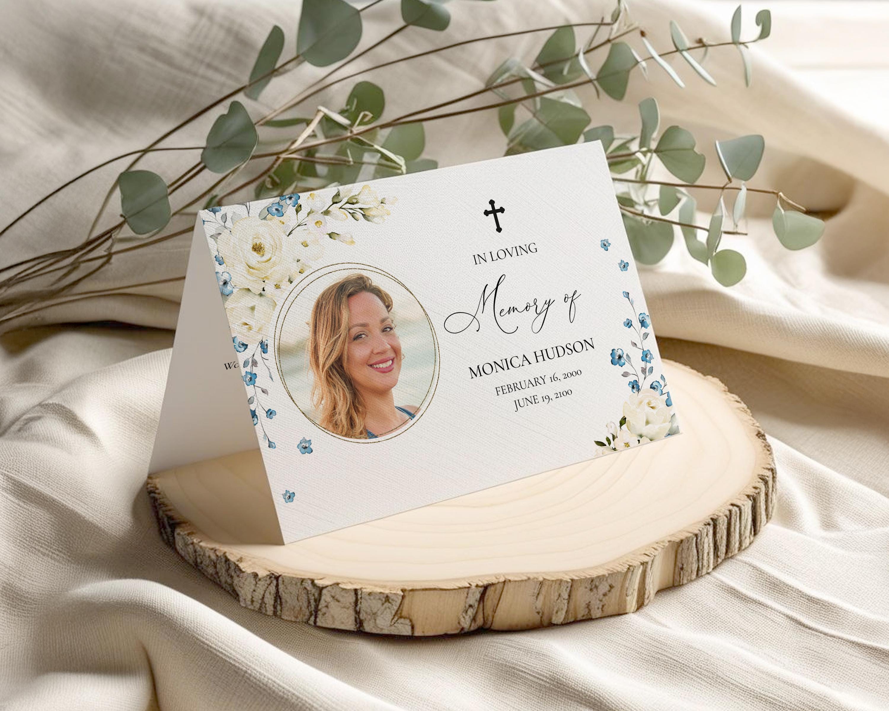 Funeral Thank You Card Template With White and Blue Flowers, Thank You ...