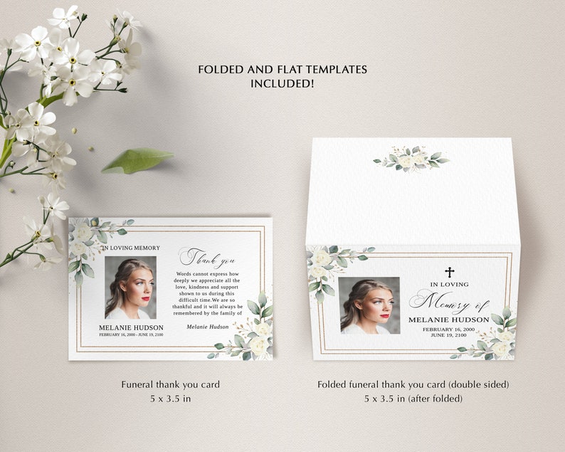 Funeral Thank You Card Template With White Roses, Thank You Notes ...