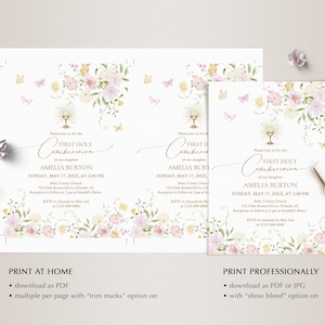 May include: First Holy Communion invitations with floral and butterfly accents. The invitations feature the text "First Holy Communion" and the name "Amelia Burton". The invitations are available to print at home or professionally.