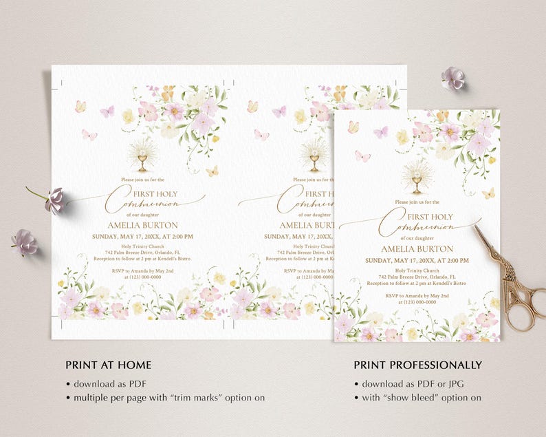 May include: First Holy Communion invitations with floral and butterfly accents. The invitations feature the text "First Holy Communion" and the name "Amelia Burton". The invitations are available to print at home or professionally.