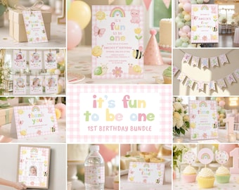 It's Fun To Be One 1st Birthday Invitation Template Bundle • Whimsy Birthday Set • Editable, Printable Digital Download