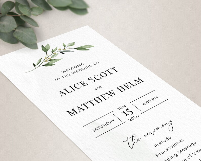 Boho Greenery Wedding Program Template A104 Printable Template Minimalist Program Template \u2022 INSTANT DOWNLOAD \u2022 Editable
