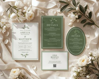 Greenery Wedding Invitation Suite Template • Instant Download • Editable & Printable Template A104