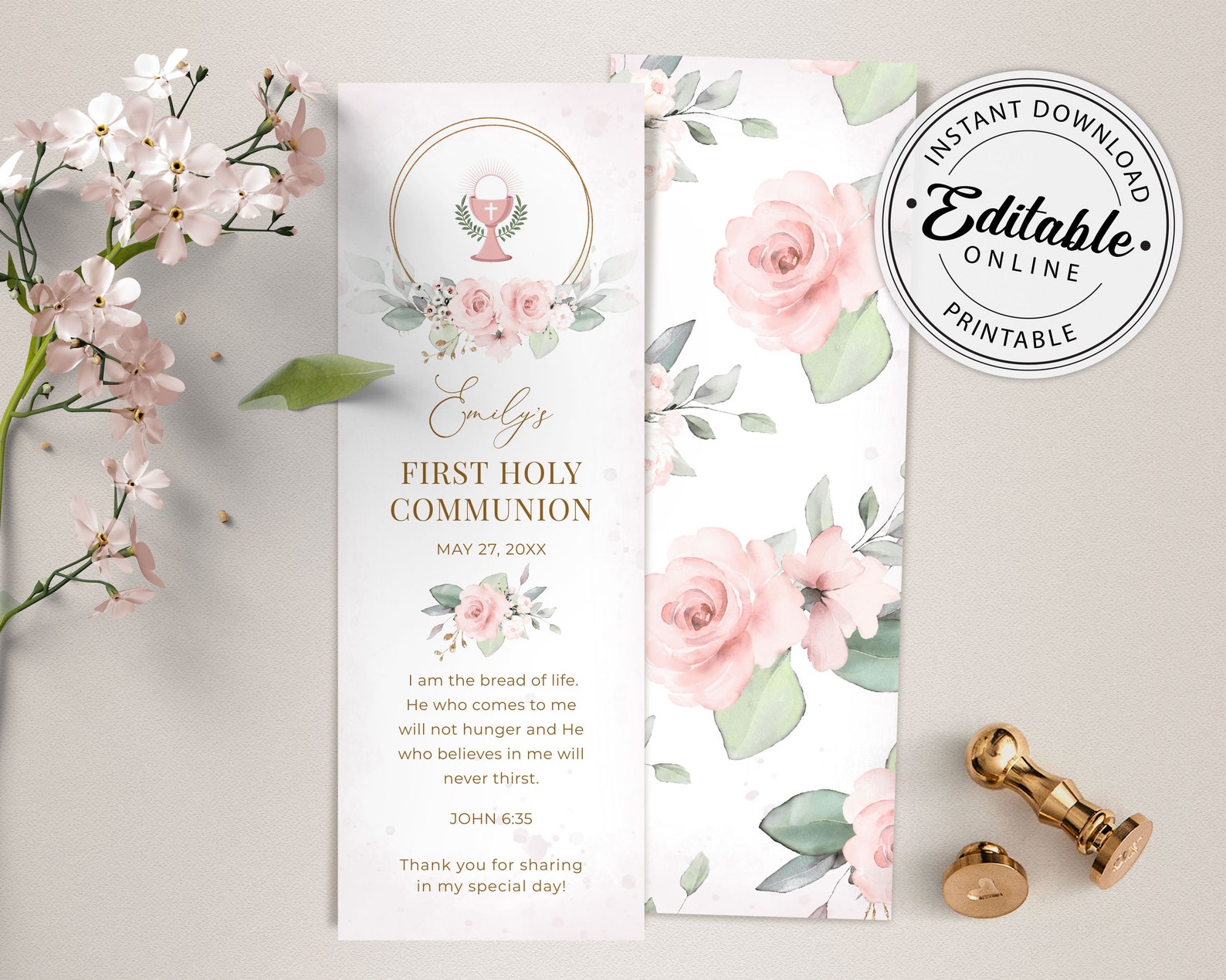 Pink Roses First Holy Communion Bookmark Template, Editable, Printable ...