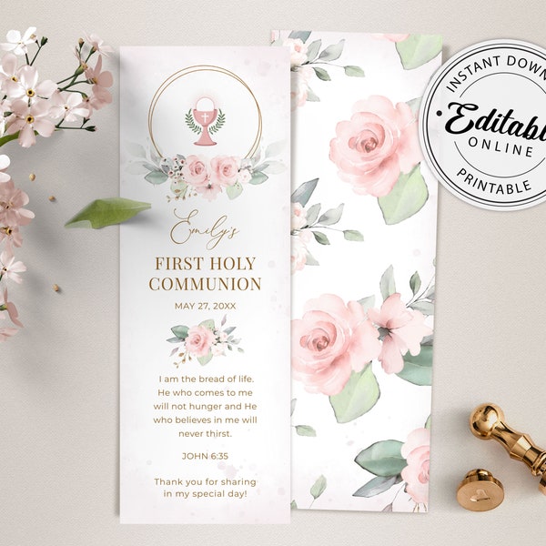 First Holy Communion Bookmark Template with Pink Roses, Communion Keepsake • INSTANT DOWNLOAD • Editable, Printable Template, #126