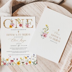 Modèle d'invitation pour baptême et 1er anniversaire de fleurs sauvages • TÉLÉCHARGEMENT IMMÉDIAT • Modèle modifiable et imprimable, n° 142