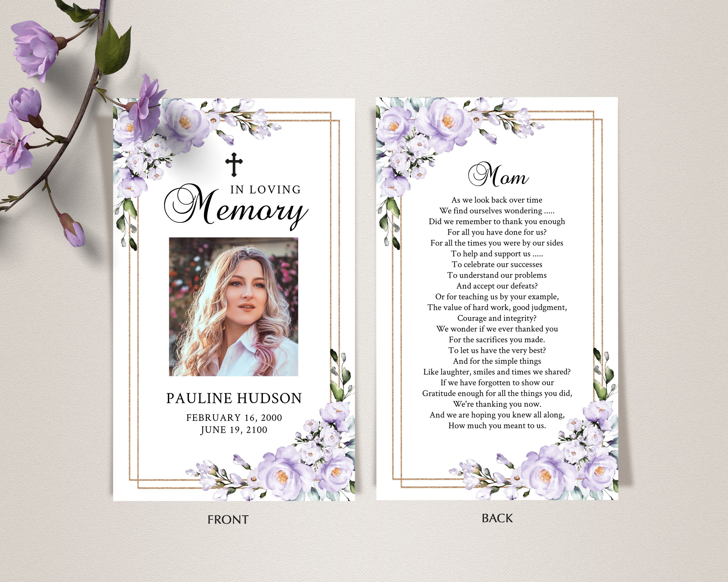 Lavender Funeral Prayer Card Template Printable Memorial - Etsy India