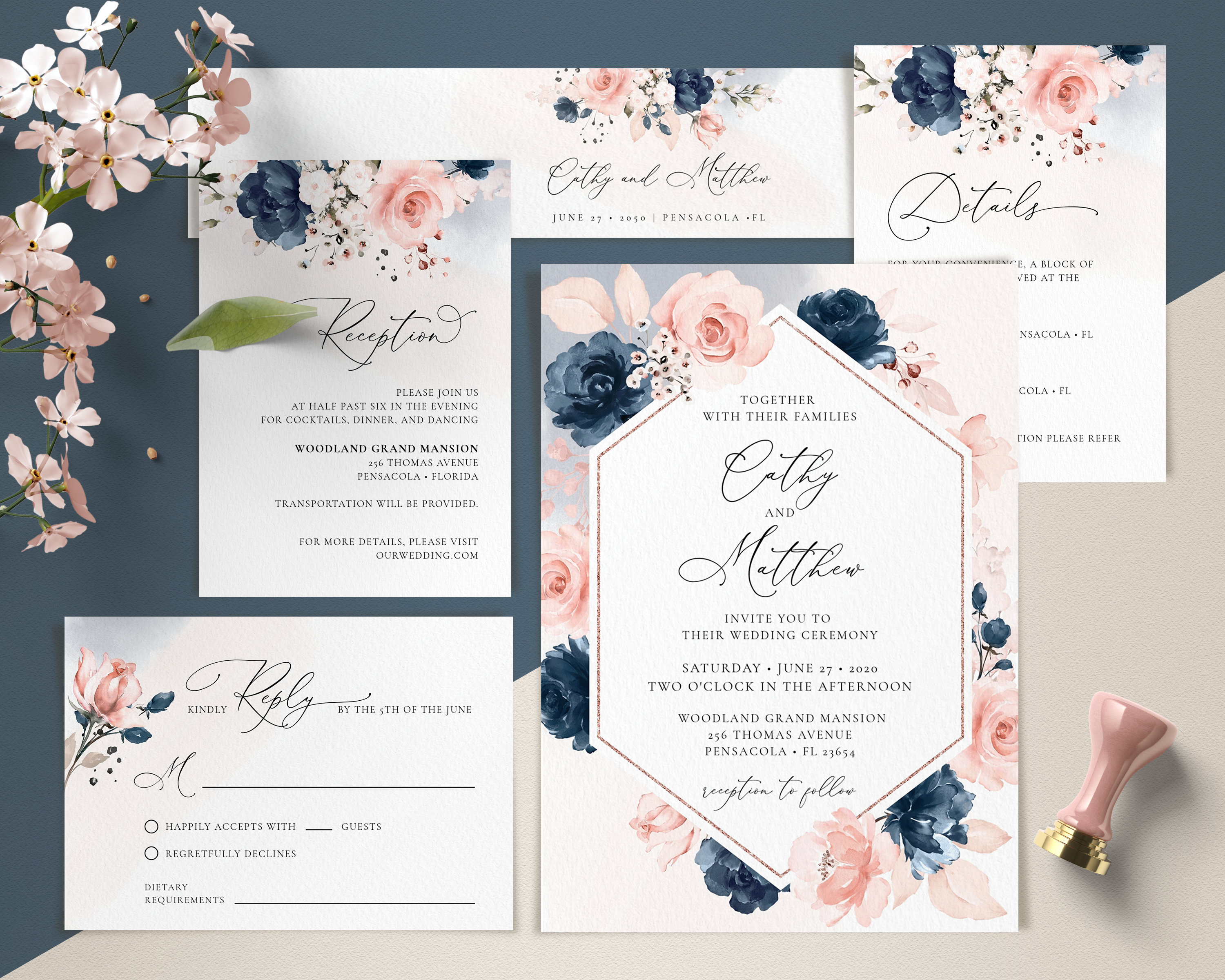 Navy Blue and Blush Pink Wedding Invitation Template Set, Wedding Invite  Template Suite INSTANT DOWNLOAD Editable Templates, A120 