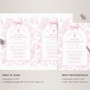 May include: Pink baptism and first birthday invitations with floral design. The invitations feature an arched frame with a cross and bow. Text includes the name, date, and time of the event. The invitations are available to print at home or professionally.