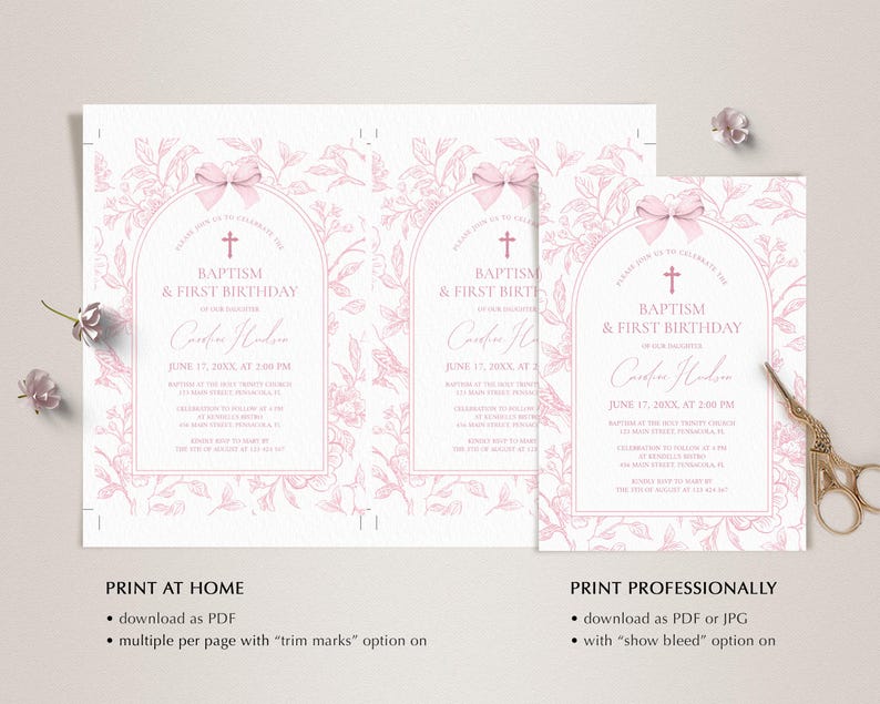 May include: Pink baptism and first birthday invitations with floral design. The invitations feature an arched frame with a cross and bow. Text includes the name, date, and time of the event. The invitations are available to print at home or professionally.