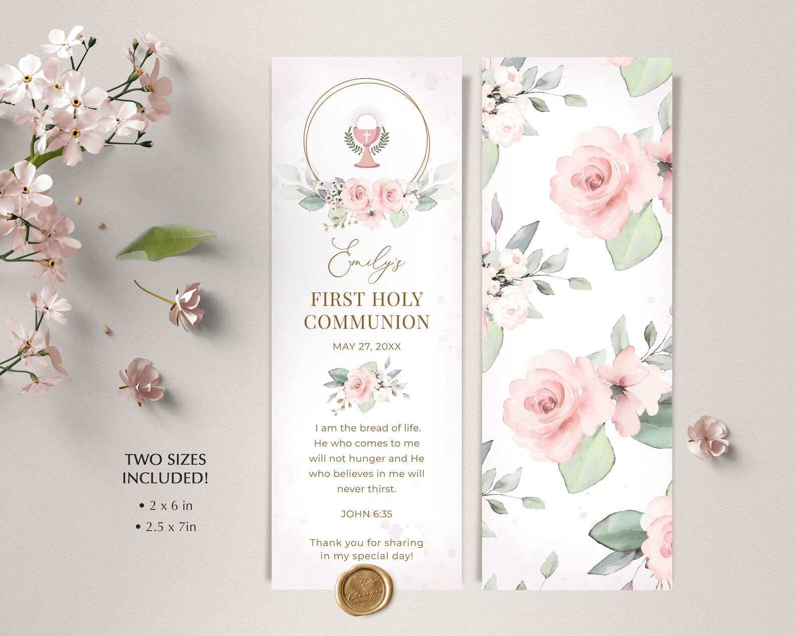 Pink Roses First Holy Communion Bookmark Template, Editable, Printable ...