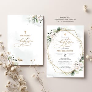 Greenery White Roses Baptism Invitation Template (Digital Download) immagine 2