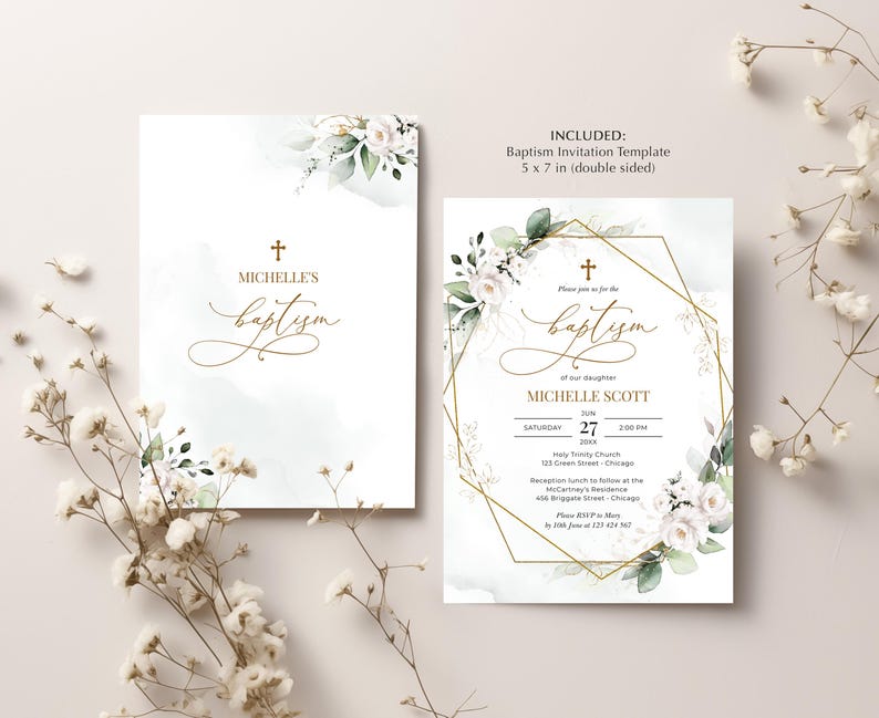 Greenery White Roses Baptism Invitation Template (Digital Download) immagine 2