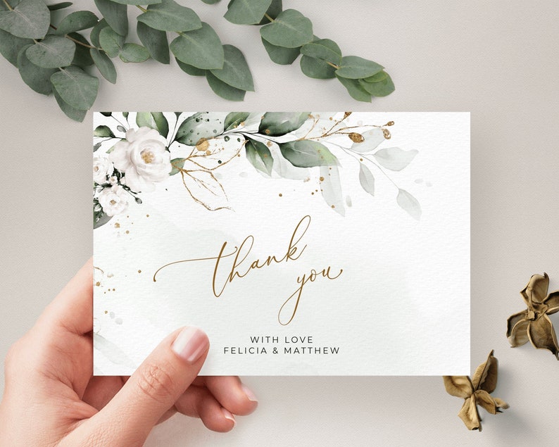 Greenery and White Roses Wedding Thank You Card Template (Digital Download), A109 image 4