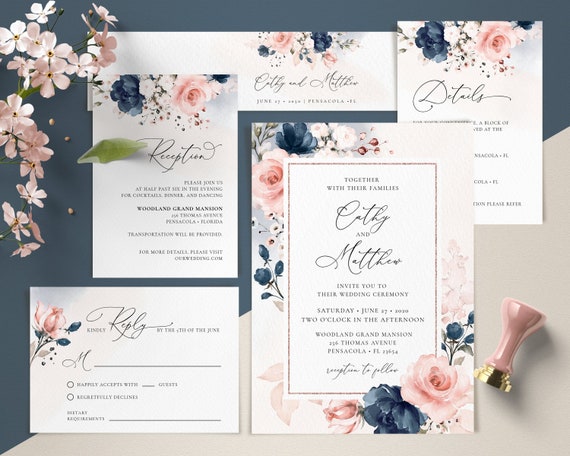 Blue and pink wedding invitations Clearance