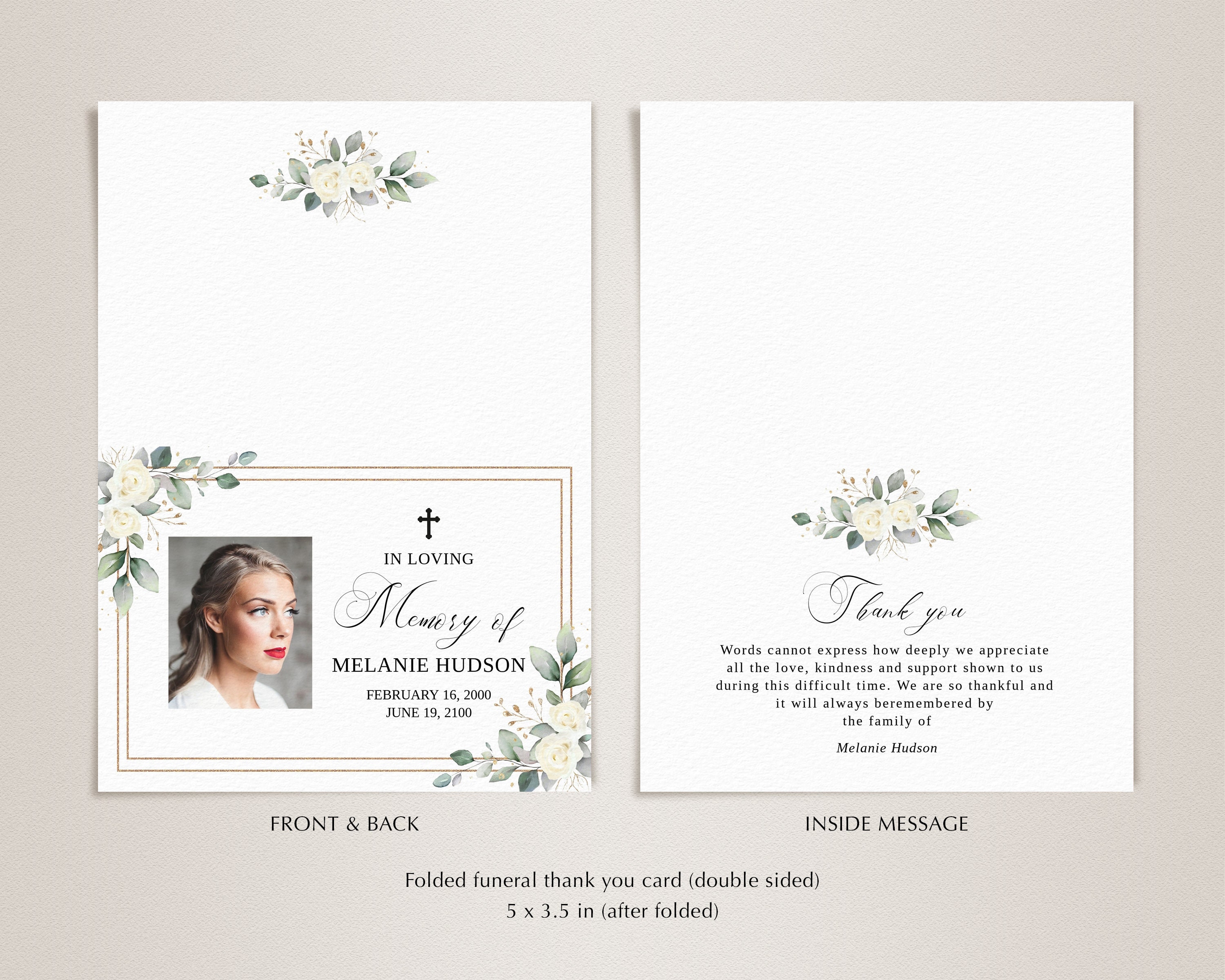 White Roses Funeral Thank You Card Template (printable, Editable ...