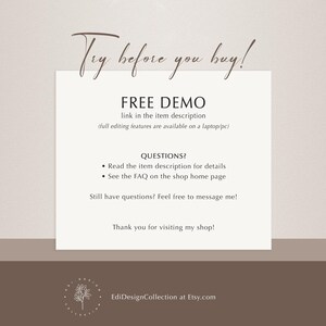 May include: A beige and brown graphic with the text "Try before you buy!" and "FREE DEMO." The image includes information about the product, including where to find the demo and how to ask questions. The shop's name and Etsy address are at the bottom.