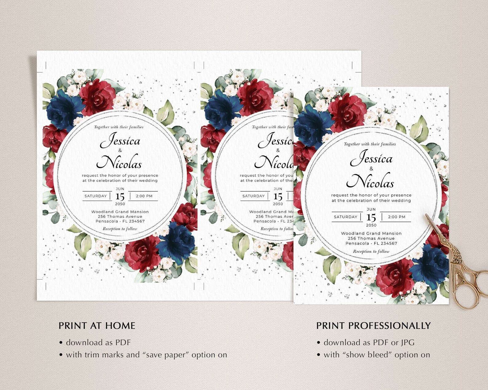 Burgundy and Navy Blue Wedding Invitation Template Wedding - Etsy
