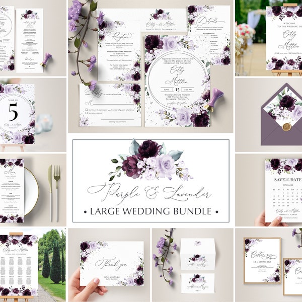 Purple and Lavender Big Wedding Templates Bundle, Wedding Large Bundle • INSTANT DOWNLOAD • Editable, Printable Templates, A124