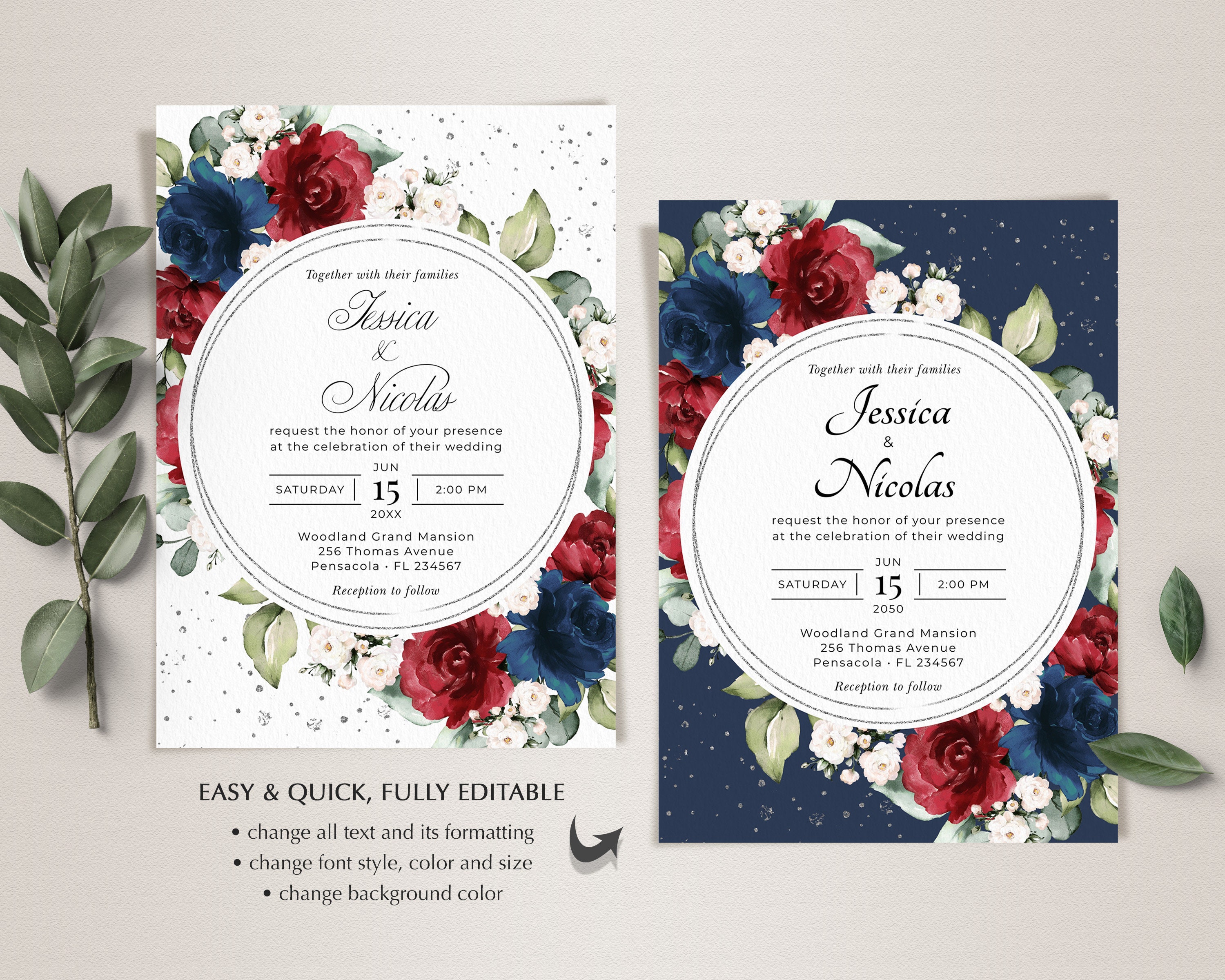 Burgundy and Navy Blue Wedding Invitation Template Wedding - Etsy