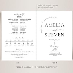 May include: A wedding program with a minimalist design. The front features the names "Amelia and Steven" and the wedding date. The inside includes the wedding party, timeline, and a thank you message. The program measures 10" x 7" spread.