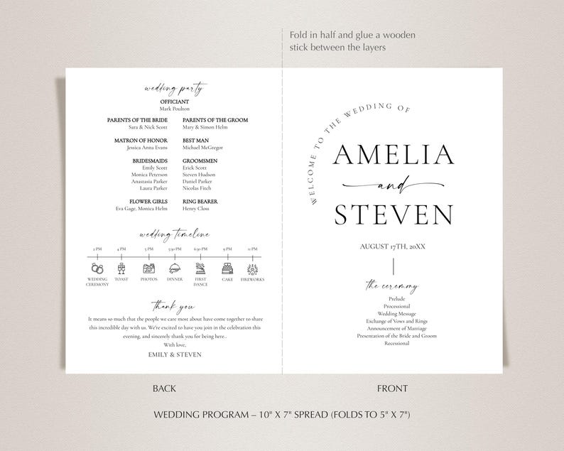 May include: A wedding program with a minimalist design. The front features the names "Amelia and Steven" and the wedding date. The inside includes the wedding party, timeline, and a thank you message. The program measures 10" x 7" spread.