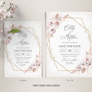 May include: Two wedding Save the Date cards with floral and geometric designs. The cards feature the names "Cathy and Matthew", the date August 27, 2020, and the location. The cards are 4 x 6 inches and 5 x 7 inches.