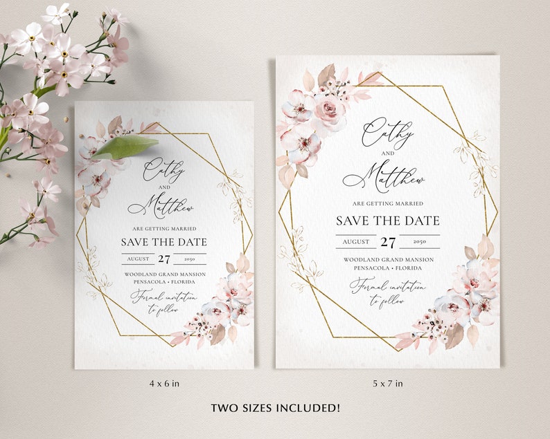 May include: Two wedding Save the Date cards with floral and geometric designs. The cards feature the names "Cathy and Matthew", the date August 27, 2020, and the location. The cards are 4 x 6 inches and 5 x 7 inches.