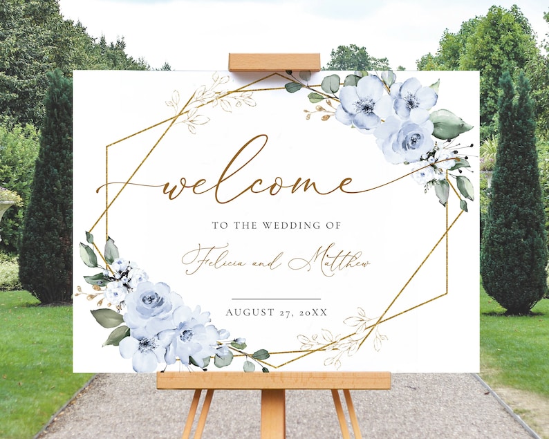 Geometric Wedding Welcome Sign Template with Dusty Blue Roses image 1