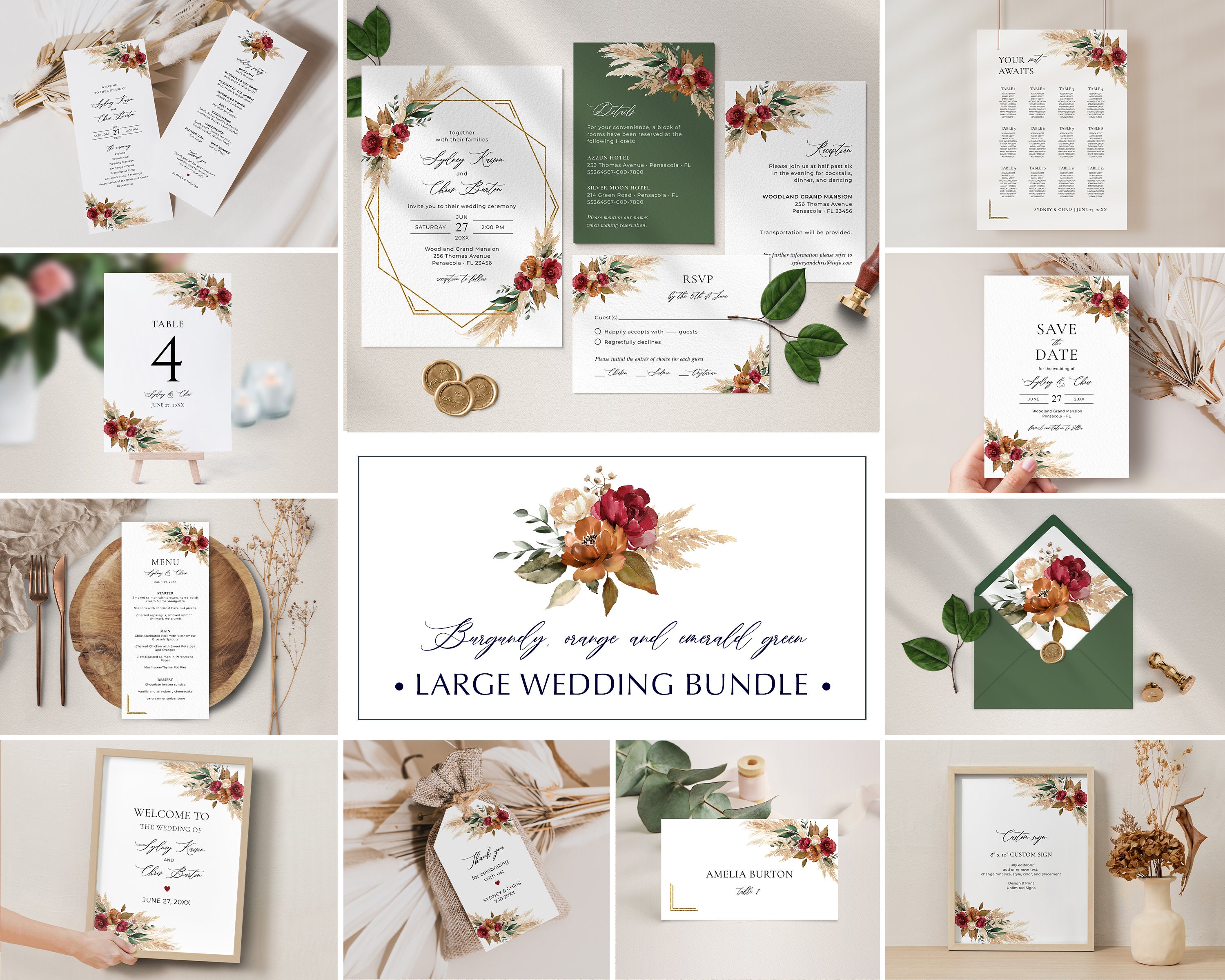Burgundy, Terracotta and Emerald Green Invitation Template Bundle, Large Bundle • INSTANT DOWNLOAD • Editable, Printable Templates, A134