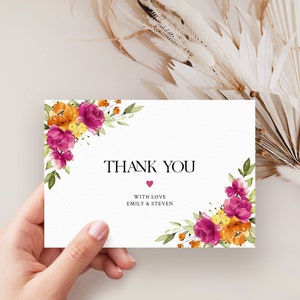 Modèle de carte de remerciement rose vif et orange (mariage, baby shower, baptême) • TÉLÉCHARGEMENT IMMÉDIAT • Modèles imprimables et modifiables, #138