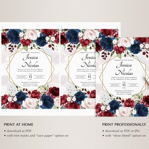 Burgundy and Navy Blue Wedding Invitation Template Suite, Wedding ...