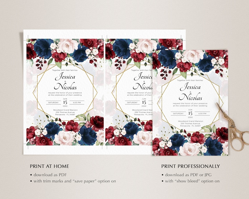 Burgundy and Navy Blue Wedding Invitation Template Suite | Etsy