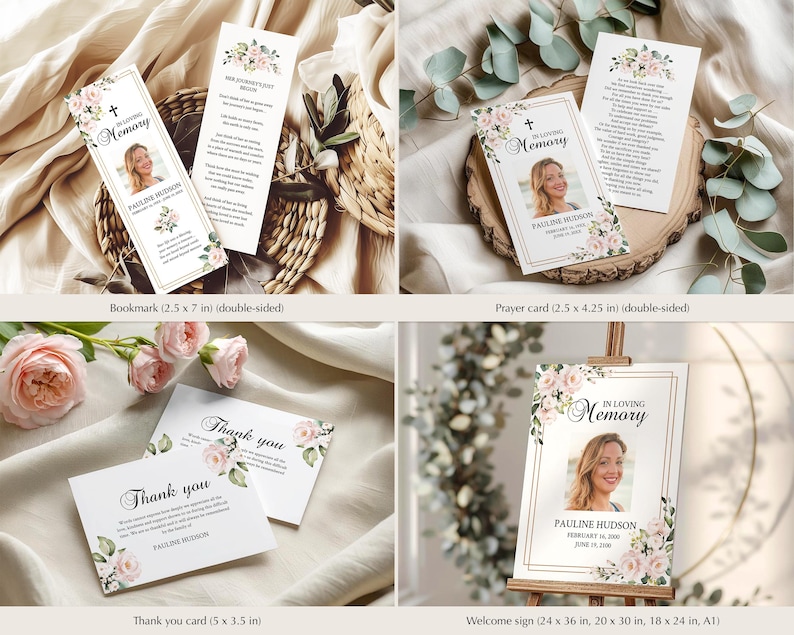 Editable Funeral Program Template Bundle, Pink Rose Memorial Suite, Funeral Templates, Printable, Instant Download image 4